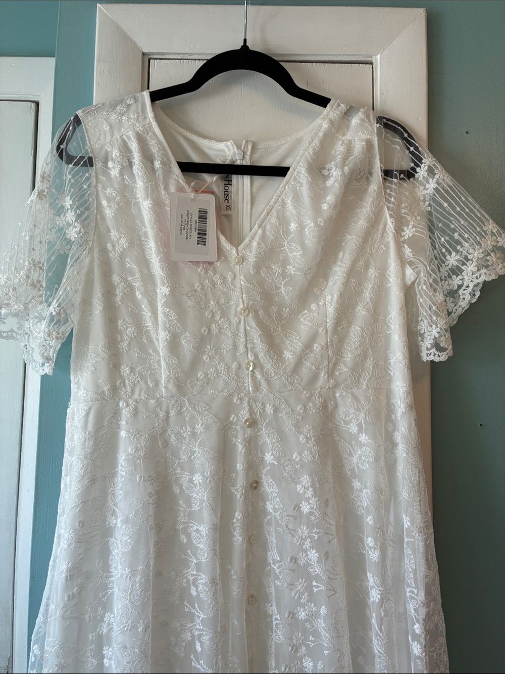 JJs House White Lace V-Neck Wedding Dress with Sheer Flutter Sleeves